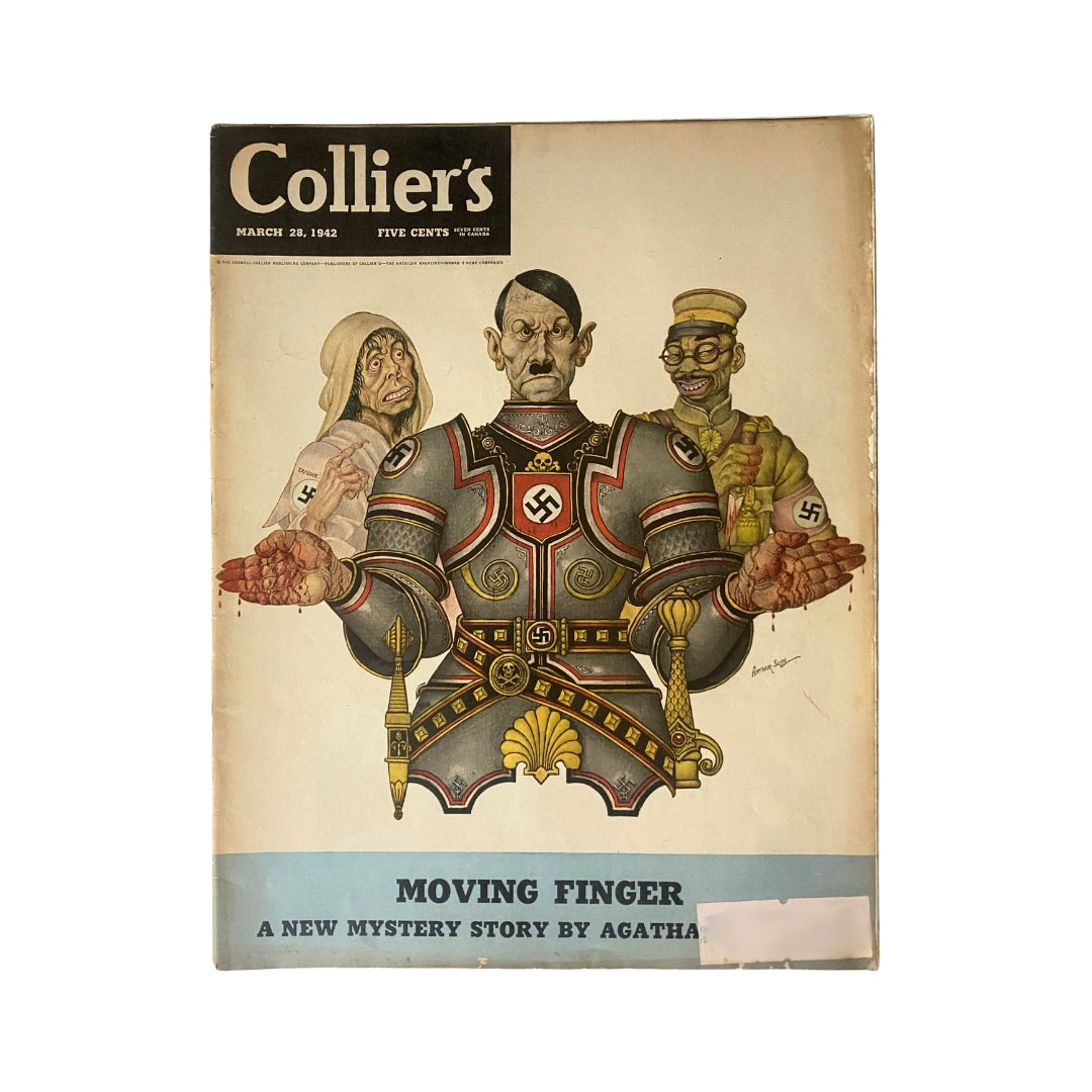 VTG Collier's Magazine March 28, 1942 featuring an Arthur Szyk cover illustration depicting a satirical portrayal related to World War II.