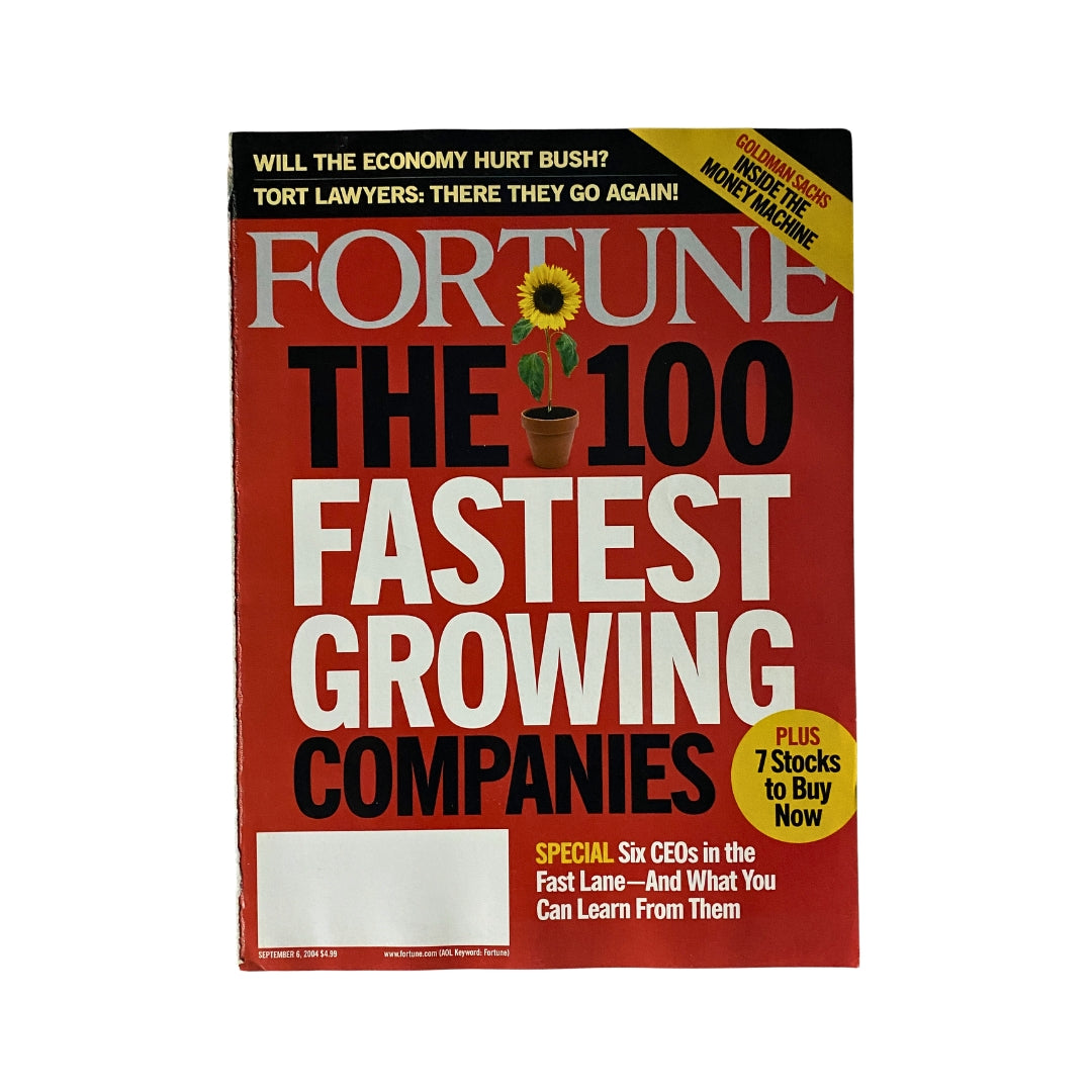 Cover of Fortune Magazine September 6, 2004 featuring the title 'The 100 Fastest Growing Companies' along with a sunflower in a pot and bold text highlighting economic insights.