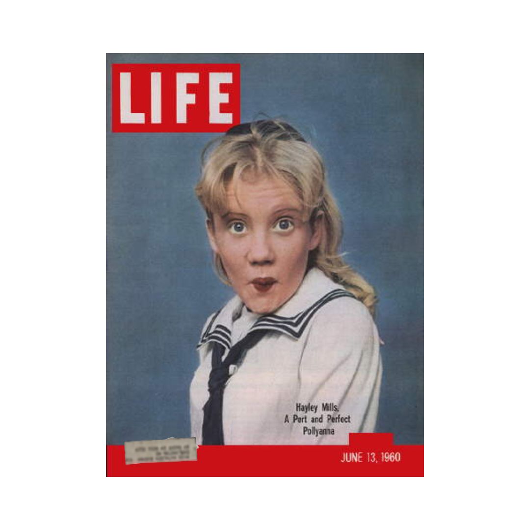Cover of Life Magazine from June 13, 1960, featuring Hayley Mills as Pollyanna, showcasing her expressive face and iconic sailor-style outfit.