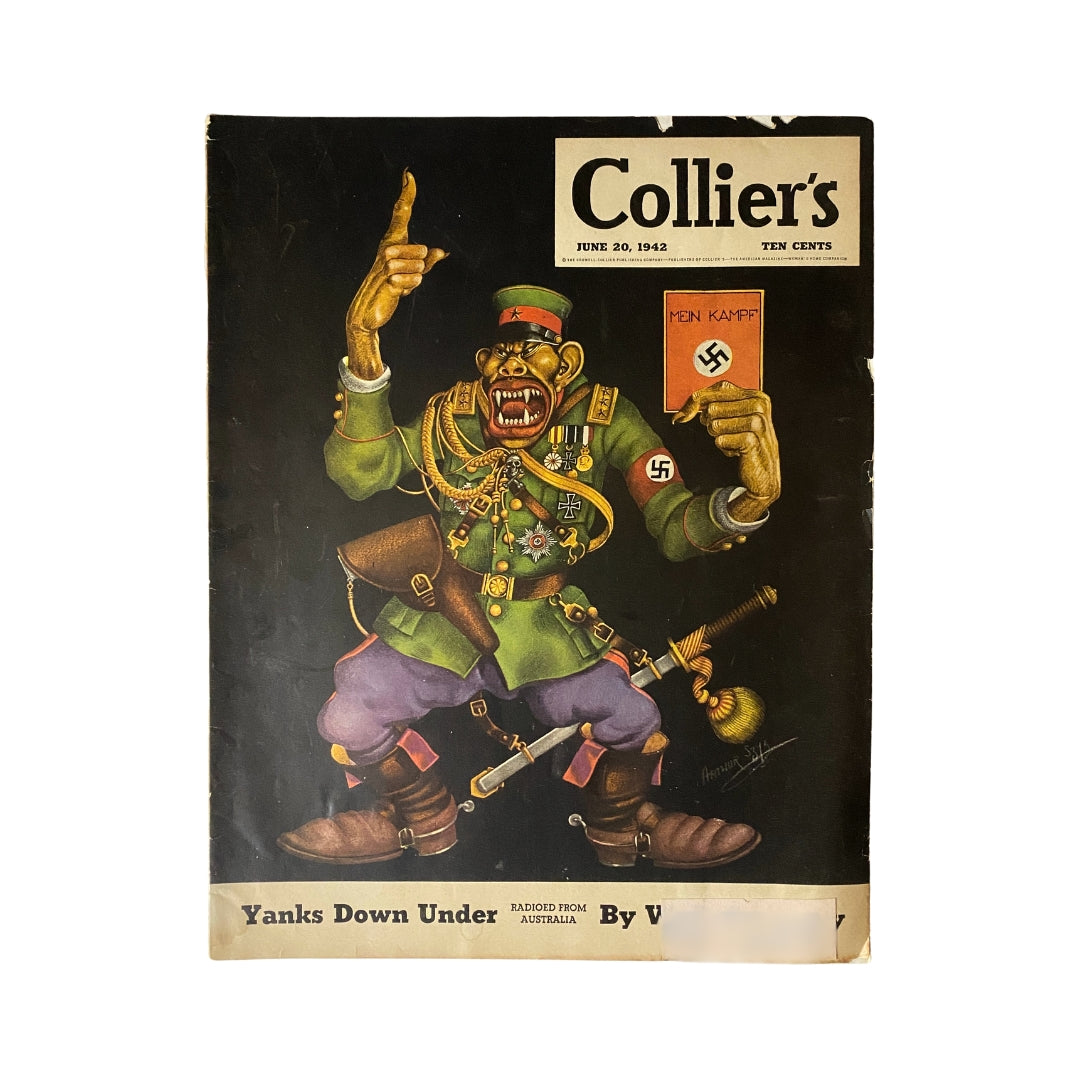Vintage Collier's Magazine cover from June 20, 1942 featuring artwork by Arthur Szyk, depicting a soldier in exaggerated caricature, symbolizing World War II themes.