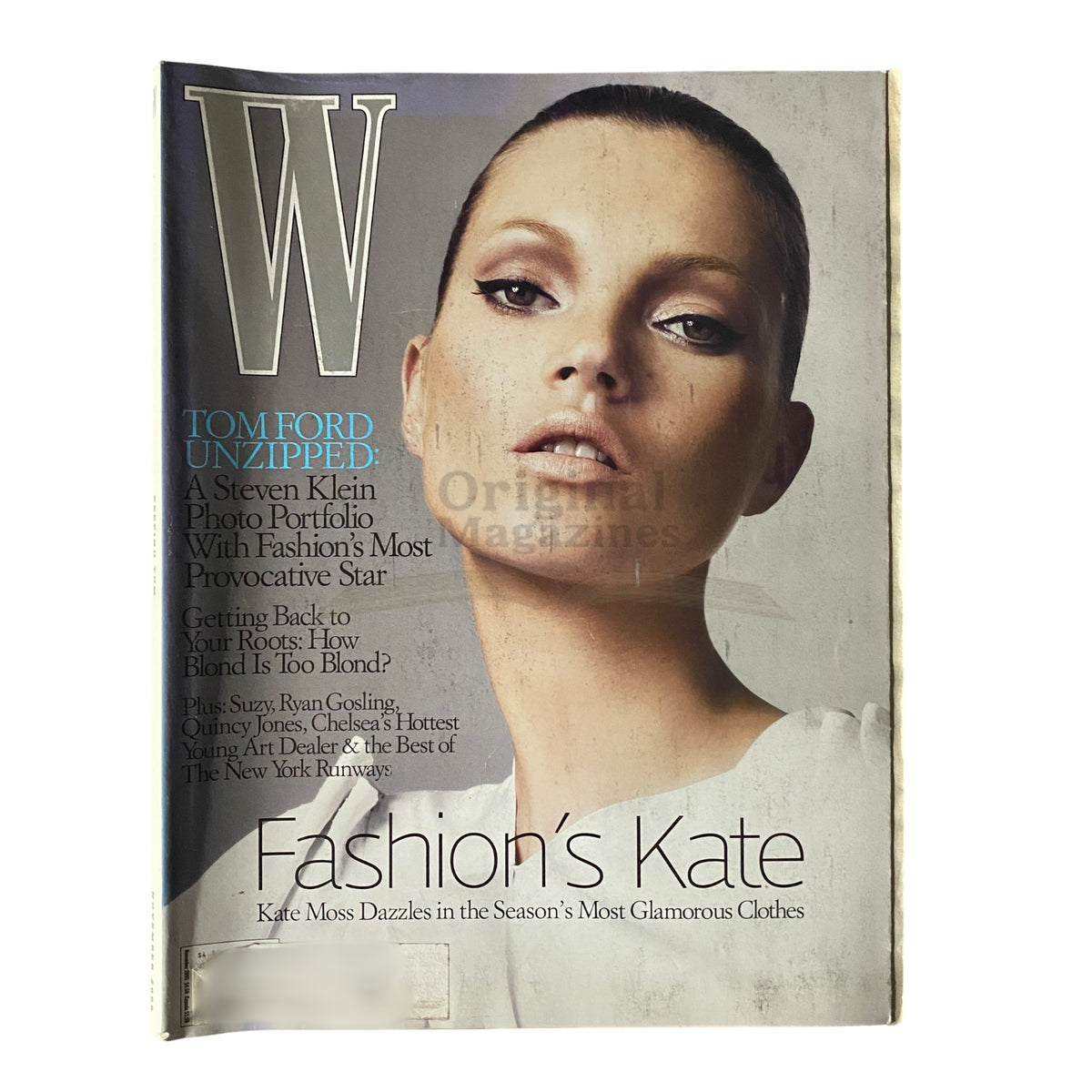 W Magazine November 2005 cover featuring model Kate Moss with a striking portrait, showcasing fashion and beauty articles from that era.