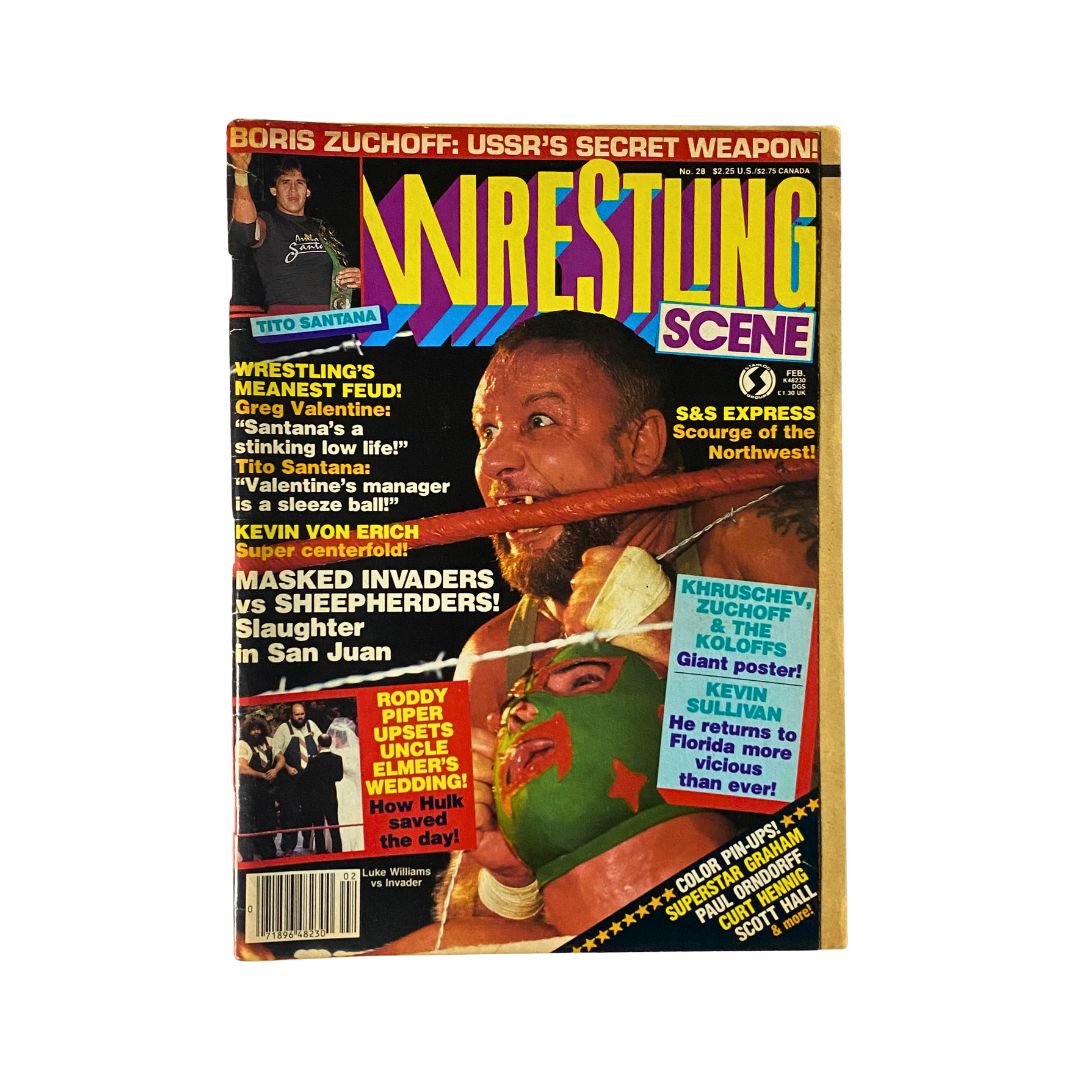 Wrestling Scene Magazine February 1986 cover featuring Luke Williams versus Invader with bold headlines on wrestling feuds and colorful characters from the golden era of professional wrestling.