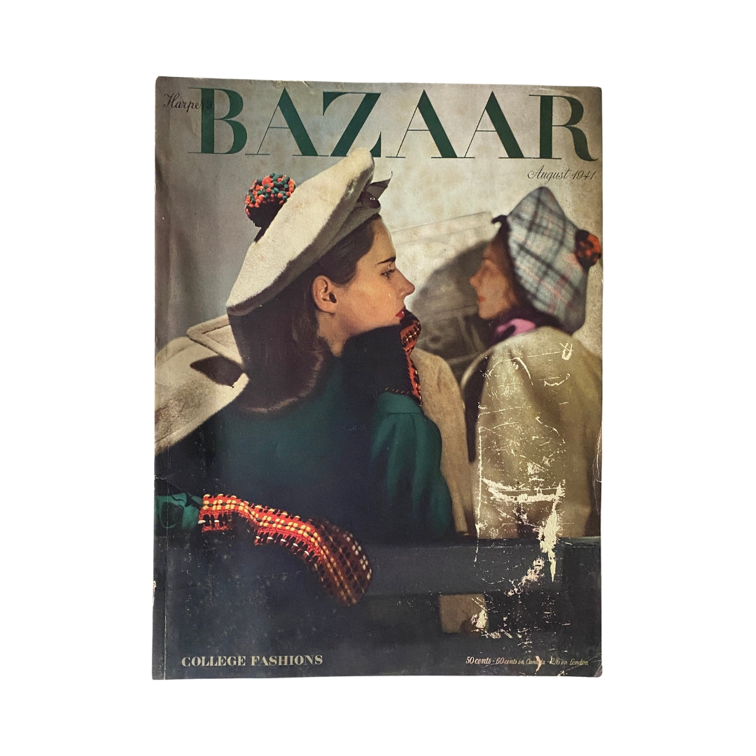 Cover of Harper's Bazaar Magazine August 1941 featuring College Fashions, showcasing a woman wearing a fashionable hat and a green coat.