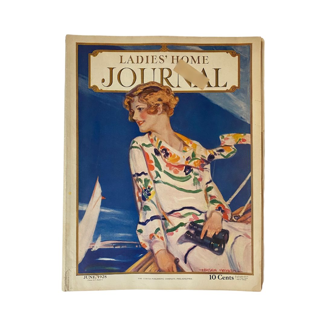 Cover of Ladies' Home Journal Magazine June 1928 featuring a fashionable woman with a floral blouse, highlighting vintage style and design.