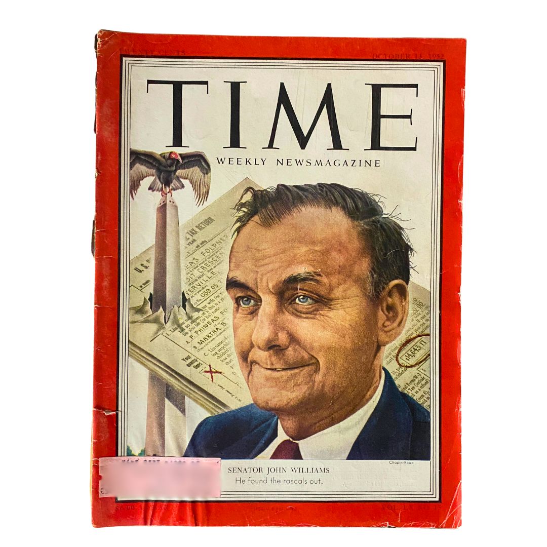 VTG Time Magazine October 13, 1952 featuring Senator John Williams on the cover, showcasing a portrait of Williams and a graphic design that includes the magazine's title and a depiction of a bald eagle.