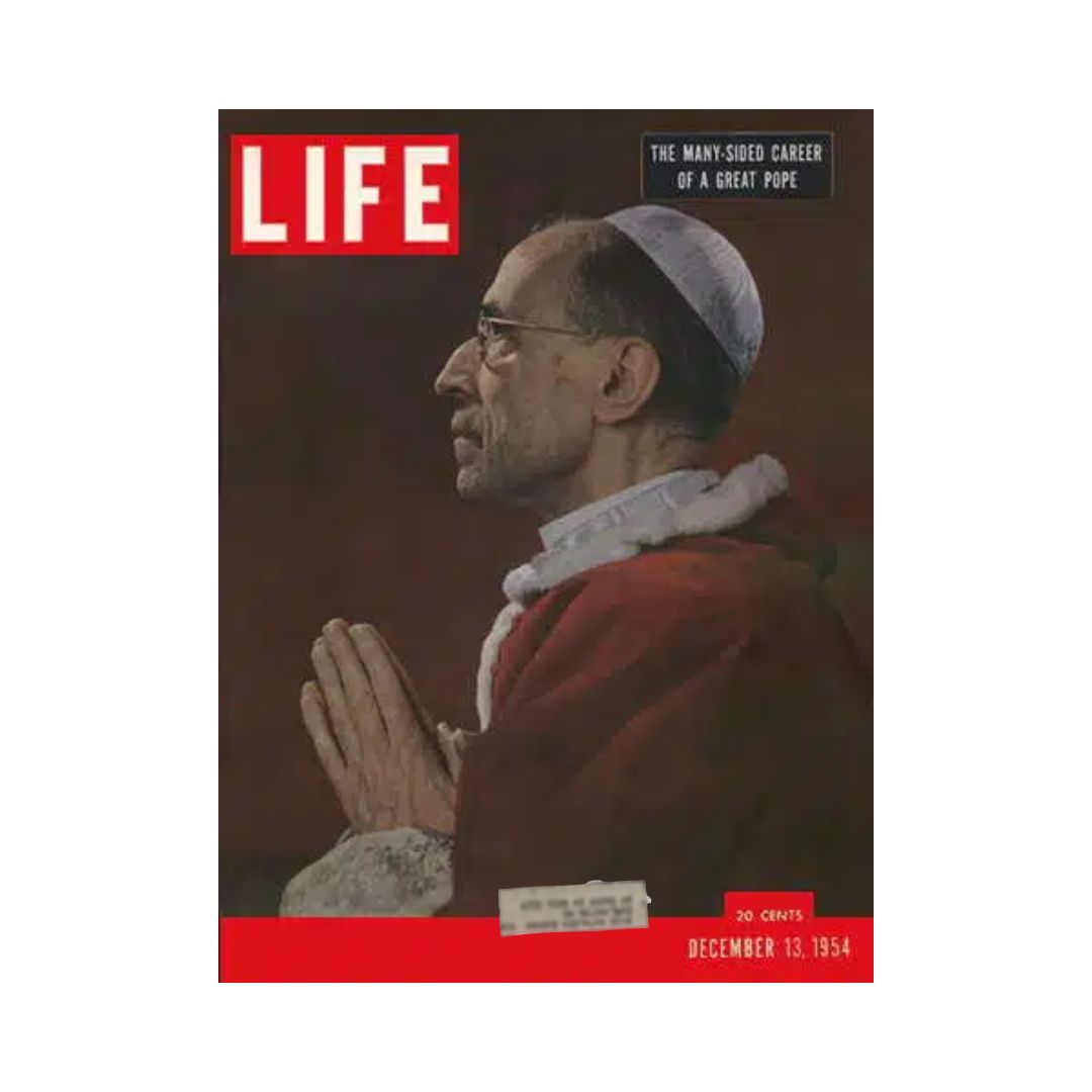 Cover of VTG Life Magazine December 13, 1954 featuring Pope Pius XII, depicting him in profile with hands clasped in prayer, showcasing the magazine's distinctive red branding.