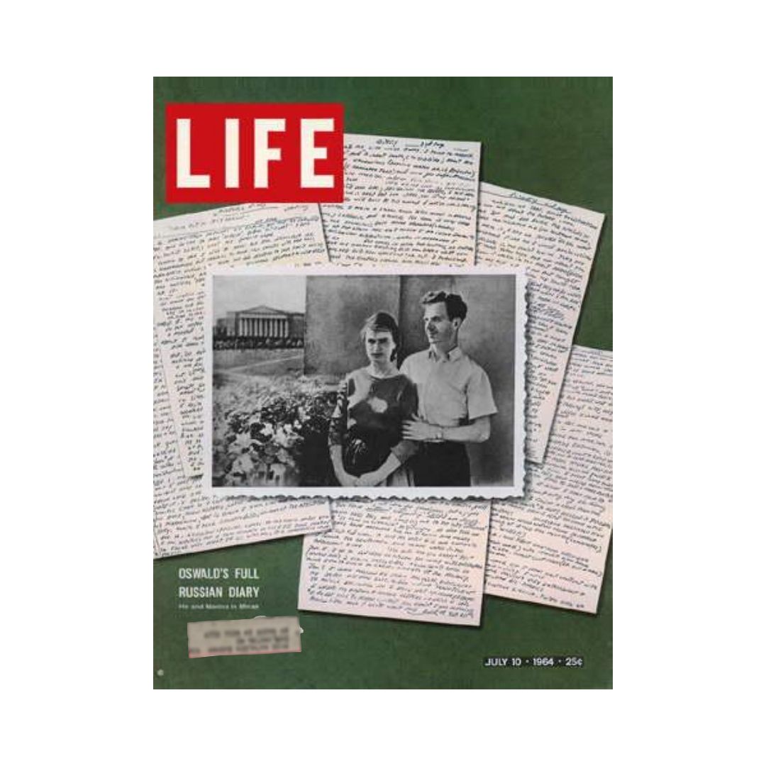 Vintage Life Magazine cover from July 10, 1964 featuring Lee Harvey Oswald's Full Russian Diary, with an image of Oswald and a woman surrounded by handwritten diary pages.