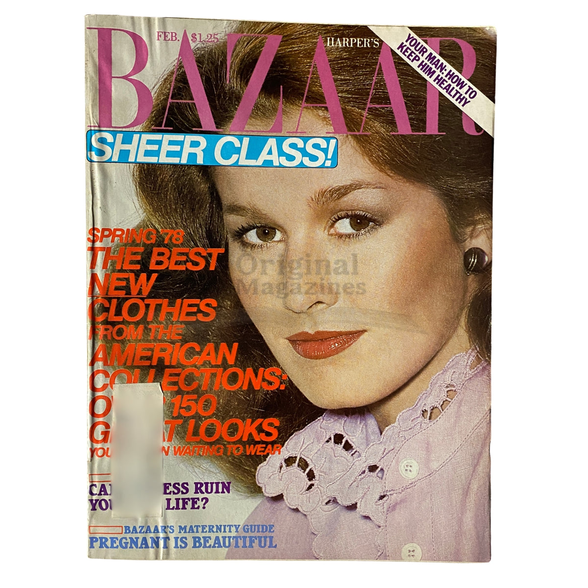 Cover of Harper's Bazaar Magazine February 1978 showcasing Yasmine Guenancia, featuring vibrant fashion headlines including 'Sheer Class!' and articles on Spring 78 fashion trends.