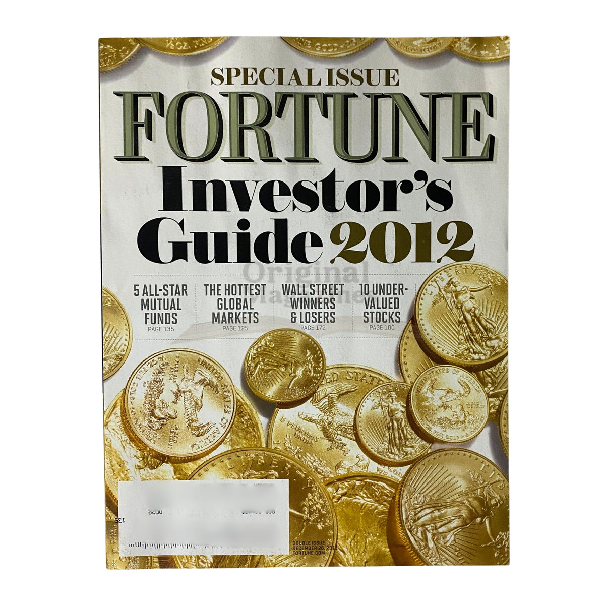 Fortune Magazine December 26, 2011 Investor's Guide 2012 Special Issue cover featuring gold coins and headlines on investment strategies and stock recommendations.