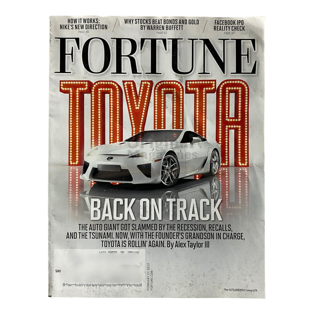Fortune Magazine February 27, 2012 issue cover featuring the headline 'Toyota Back on Track' with an image of a Toyota sports car. This issue includes an inside look at Toyota, Nike, and influential investor Ron Conway.