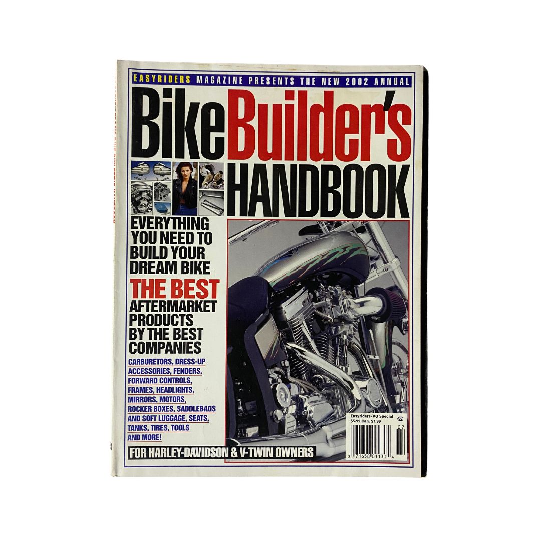 Easyriders Magazine Presents 2002 Annual Bike Builders' Handbook cover featuring a motorcycle with a sleek design, highlighting essential information for building dream bikes. This vintage publication is essential for motorcycle enthusiasts and collectors.
