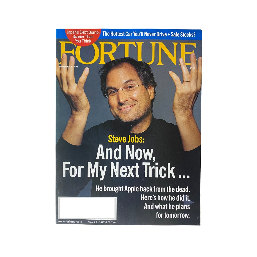 Cover of Fortune Magazine from November 9, 1998, featuring Steve Jobs with the title 'And Now, For My Next Trick,' discussing his impact on Apple's revival.
