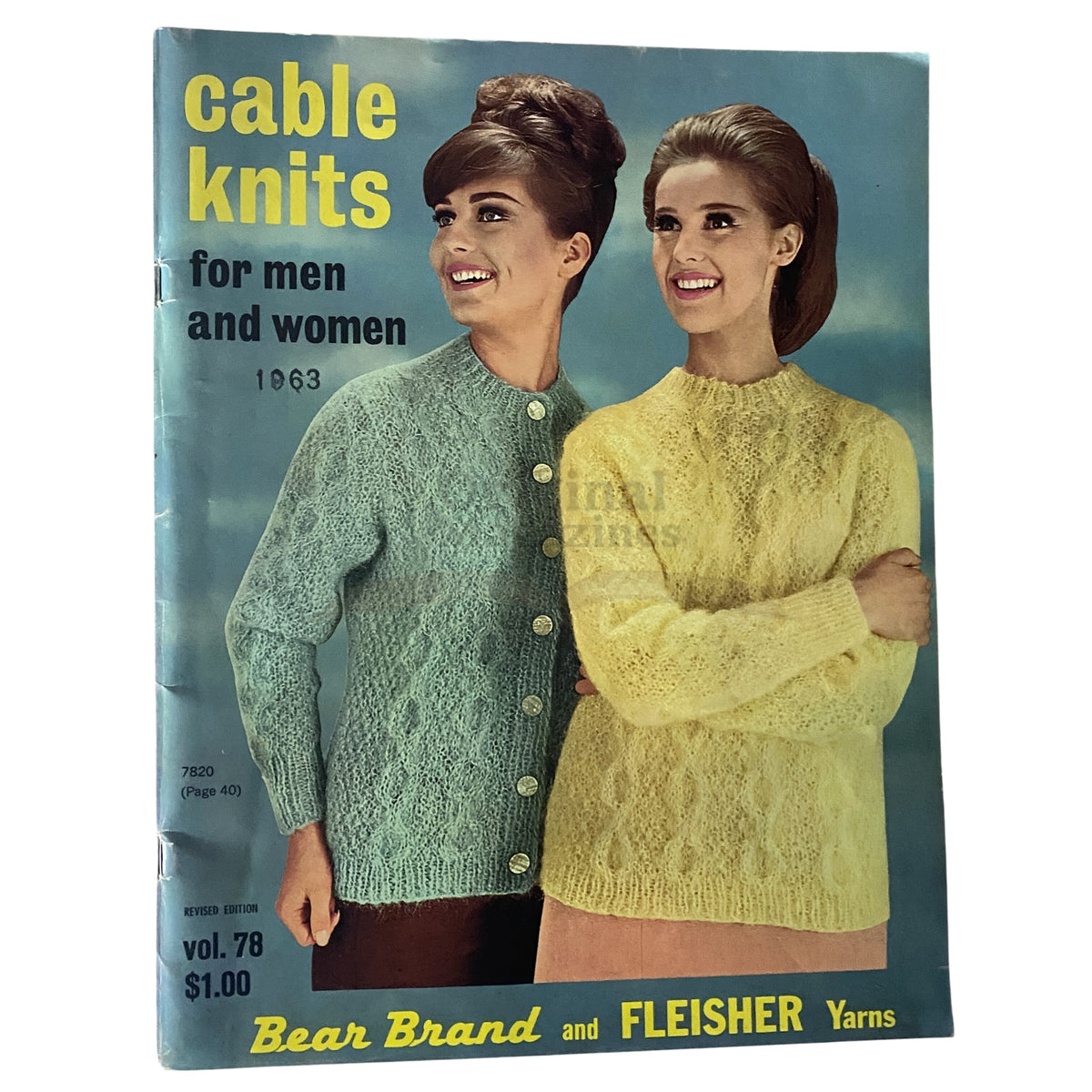 Cover of '1963 Cable Knits for Men & Women' by Bernhard Ulmann Co, featuring models in light green and yellow cable knit sweaters, showcasing vintage knitting styles.