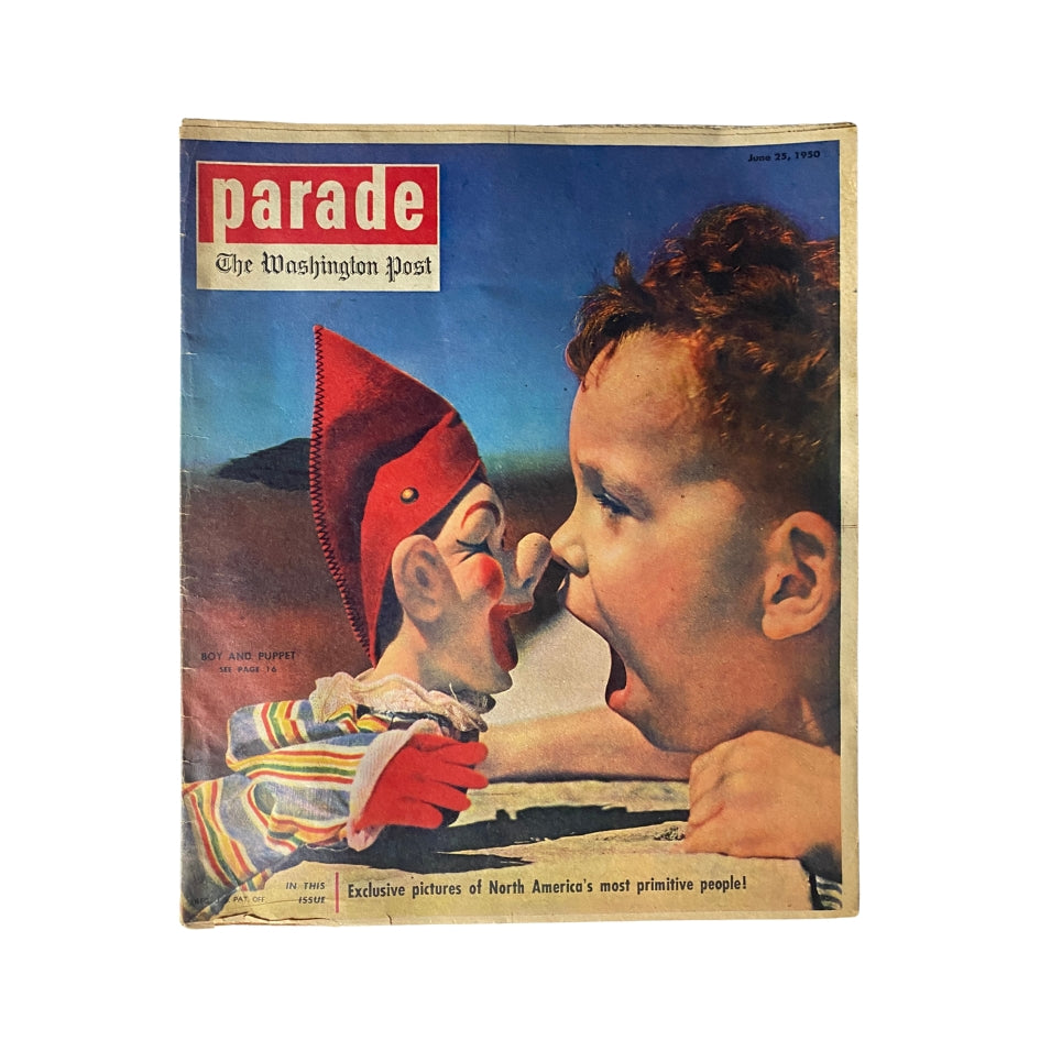 Cover of the VTG Parade magazine from The Washington Post, dated June 25, 1950, featuring a boy and a puppet, highlighting nostalgic themes of childhood.