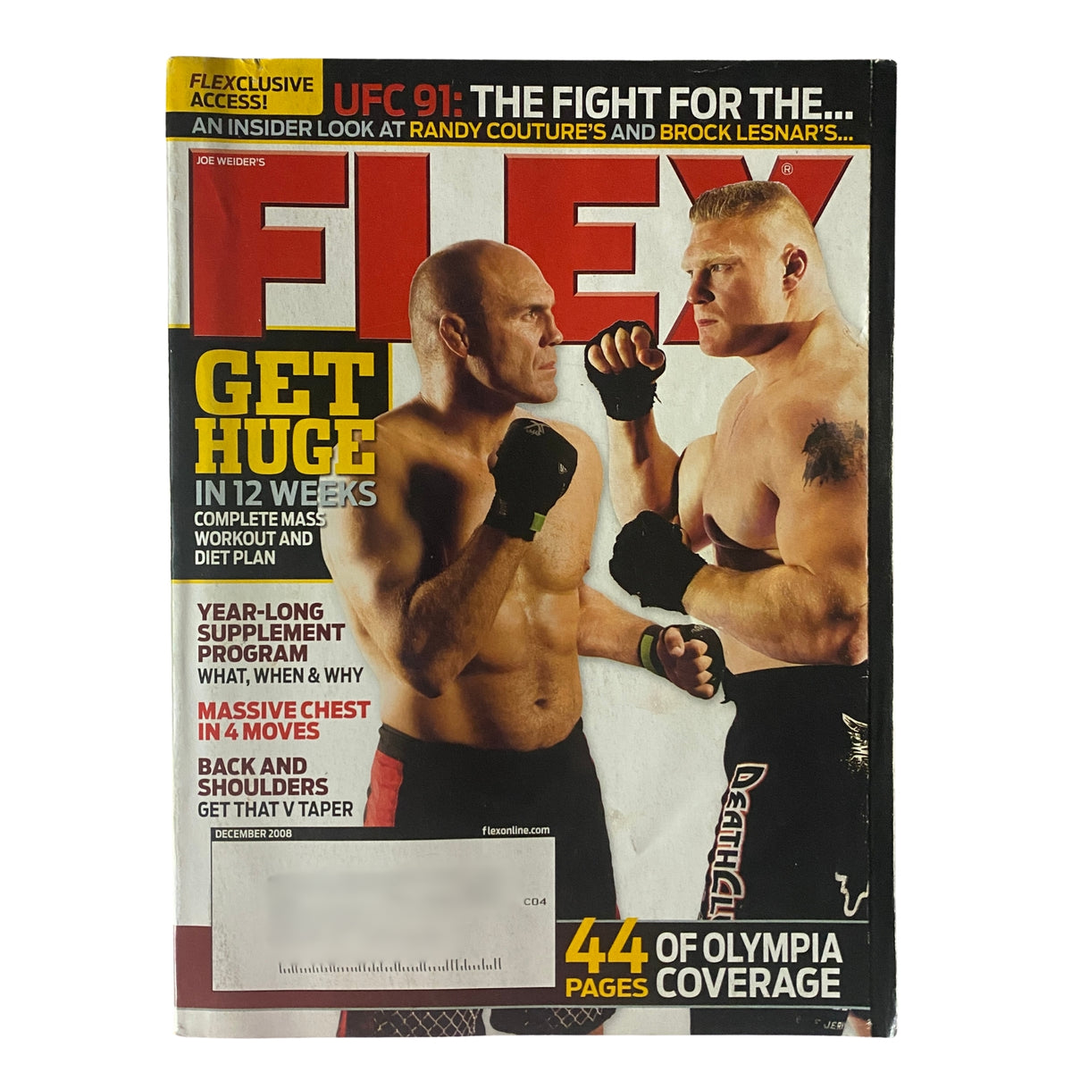 Flex Magazine December 2008 cover featuring Randy Couture and Brock Lesnar, with highlights on training and nutrition for MMA enthusiasts.