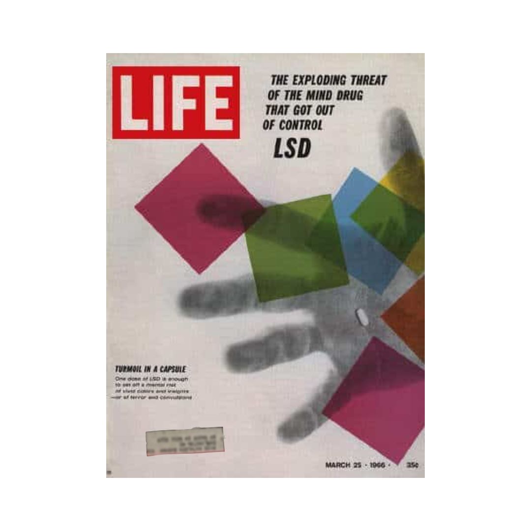 Cover of VTG Life Magazine March 25, 1966, featuring an exploration of LSD, with colorful geometric shapes and a hand silhouette, highlighting the theme 'The Exploding Threat of the Mind Drug that Got Out of Control'.