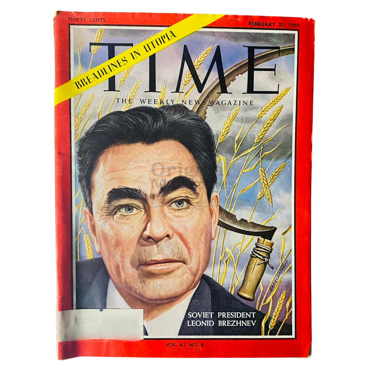 Cover of Time Magazine dated February 21, 1964, Volume 83, No. 8 featuring a portrait of Soviet President Leonid Brezhnev with a backdrop of wheat, symbolizing agricultural themes and Cold War era tensions.