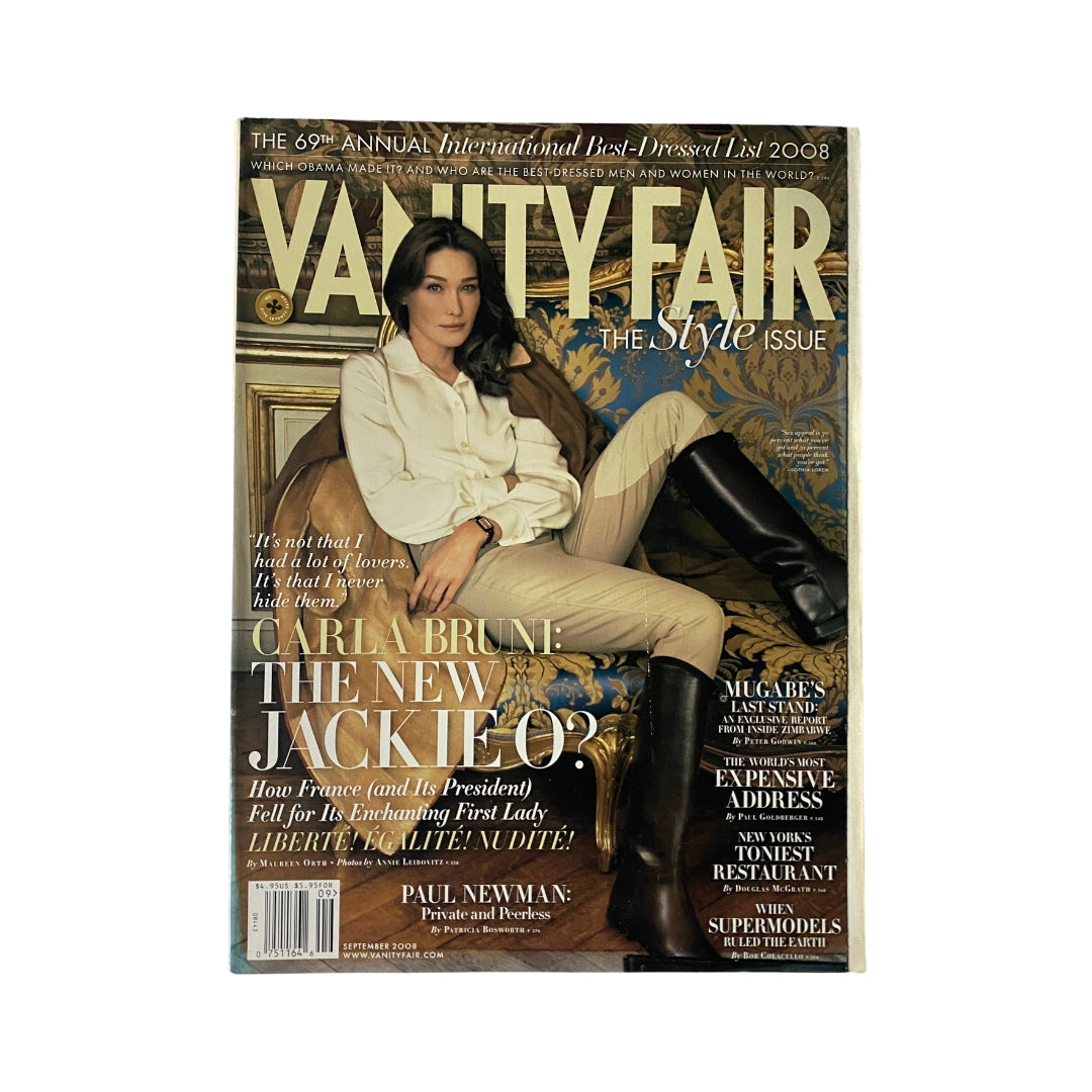 Vanity Fair Magazine September 2008 cover featuring Carla Bruni, showcasing her elegance in a stylish outfit, highlighting the magazine's focus on fashion and culture.