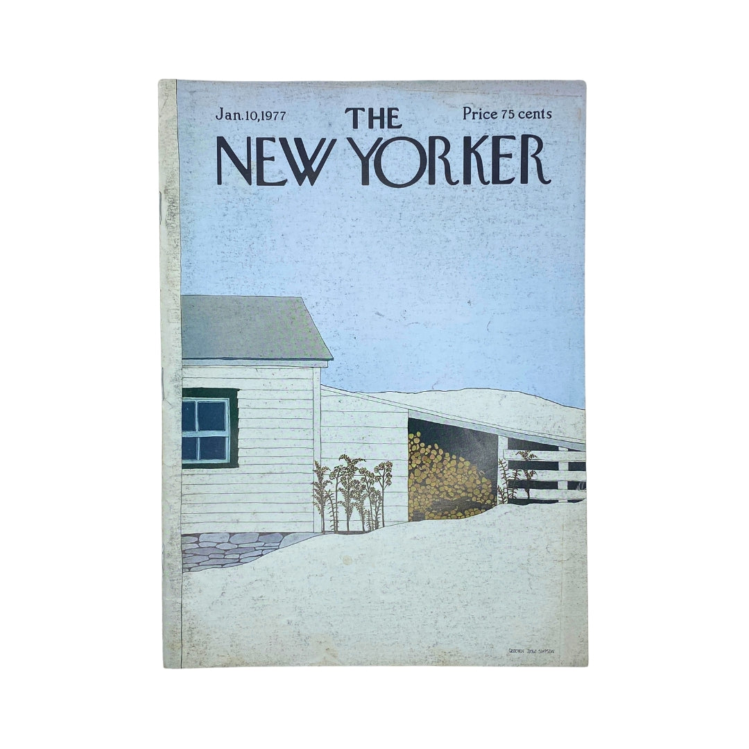 Cover of The New Yorker magazine from January 10, 1977, featuring artwork by Gretchen Dow Simpson, depicting a rural scene with a house and barn.