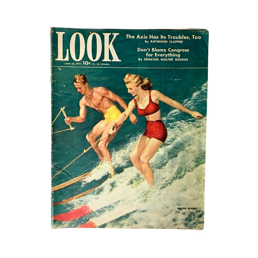 Cover of Look Magazine dated June 30, 1942, featuring the title 'The Axis Has Its Troubles, Too', with a vibrant depiction of a man and woman water skiing.