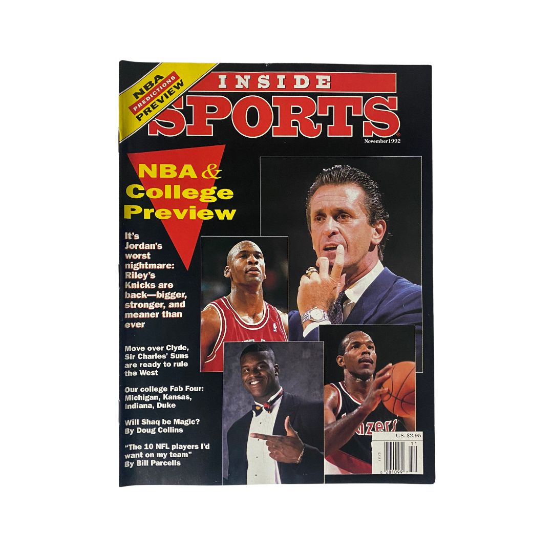 Cover of Inside Sports Magazine, November 1992 featuring Michael Jordan and Shaquille O'Neal, showcasing NBA and college preview headlines for basketball enthusiasts.