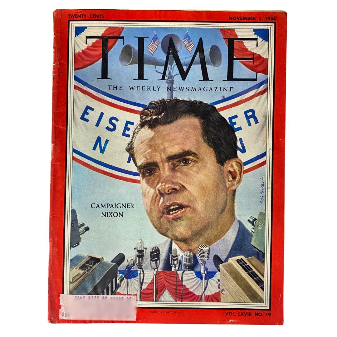 Vintage Time Magazine from November 5, 1956 featuring Richard Nixon as the Campaigner on the cover, showcasing political themes from the 1956 presidential campaign.