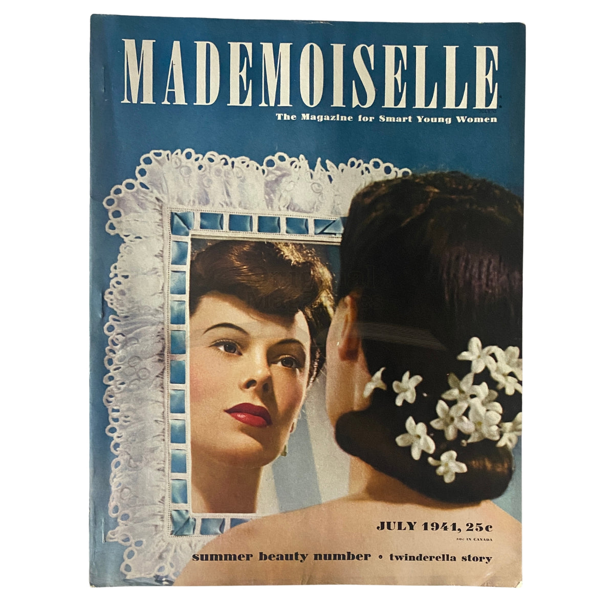 Cover of Mademoiselle Magazine July 1941 Summer Beauty Number featuring a woman looking into a mirror, illustrated by Paul D’Ome, showcasing vintage fashion and beauty trends.