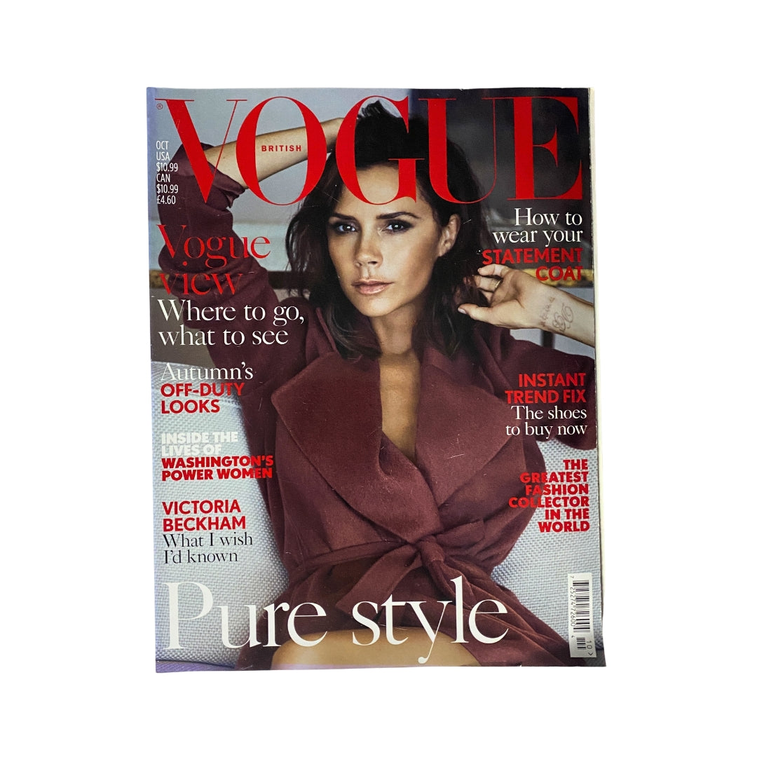 Vogue UK Magazine October 2016 featuring Victoria Beckham on the cover, showcasing 'Pure Style' with bold red lettering and autumn fashion trends.