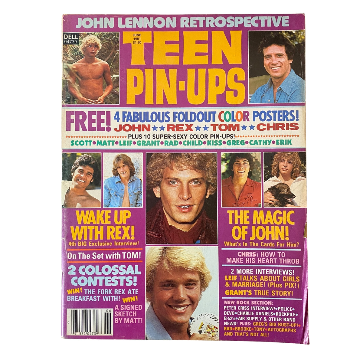 Teen Pin-Ups Magazine June 1981 cover featuring John Schneider and Rex Smith, showcasing free foldout color posters and highlights of celebrity interviews and contests.