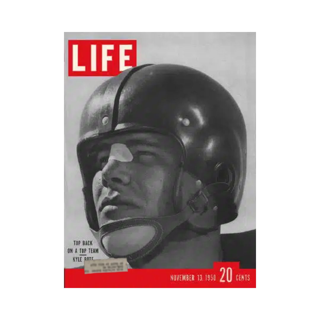 Cover of VTG Life Magazine from November 13, 1950 featuring Kyle Rote, an American football star at Southern Methodist University, showcasing a black and white photograph with the magazine's iconic red logo.
