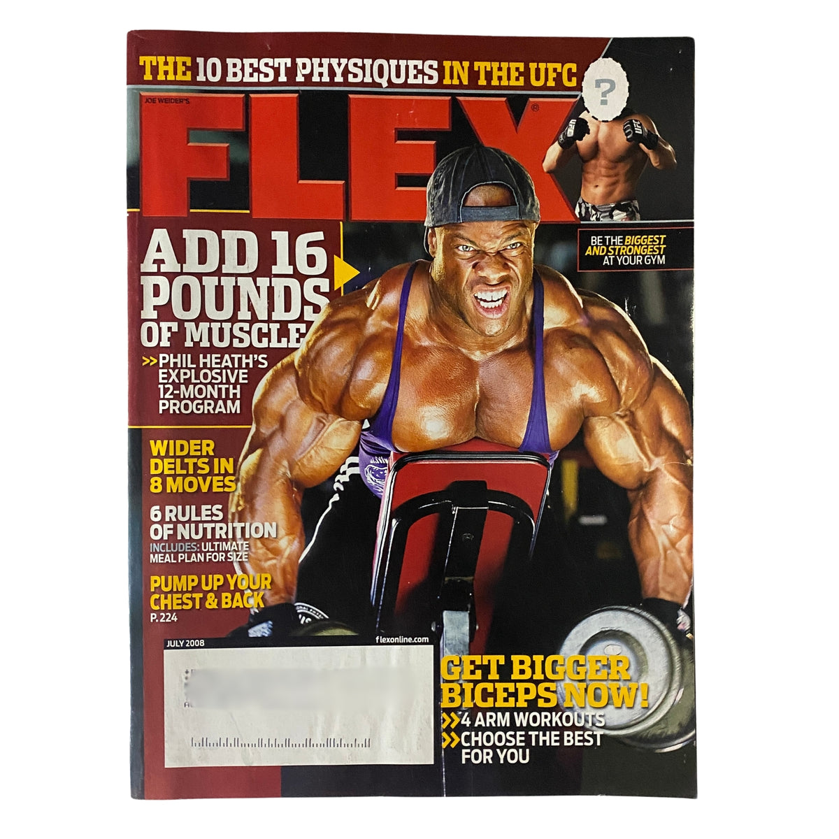 Flex Magazine July 2008 Cover featuring bodybuilder Phil Heath, showcasing fitness tips and muscle-building strategies.