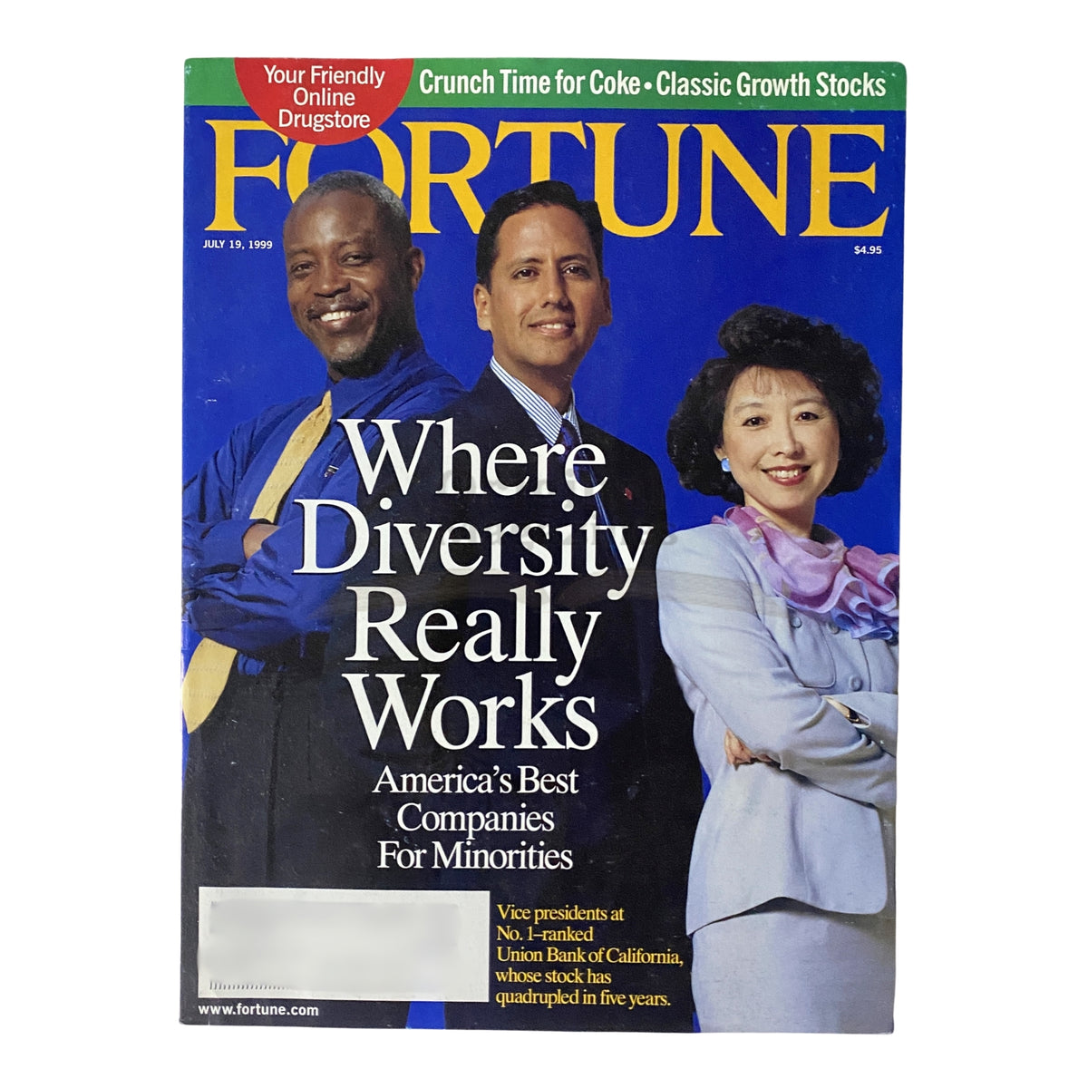 Fortune Magazine July 19, 1999 cover featuring the title 'Where Diversity Really Works', showcasing three professionals representing America's best companies for minorities.