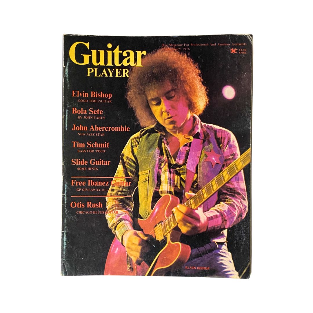 Cover of VTG Guitar Player Magazine February 1976 Vol 10 No. 2 featuring musician Elvin Bishop with guitar, capturing the essence of 1970s rock and blues music.