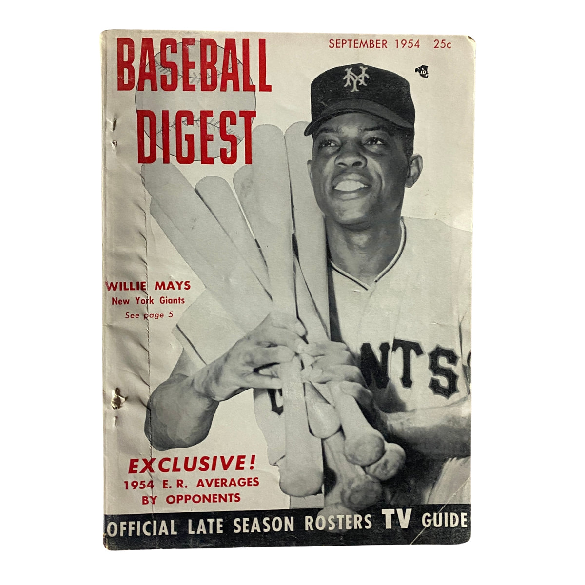Cover of Baseball Digest Magazine September 1954 featuring Willie Mays of the New York Giants, showcasing vintage magazine art and details.
