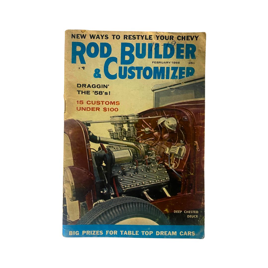 Rod Builder & Customizer Magazine February 1958 cover featuring the Deep Chested Deuce, showcasing automotive design and culture of the late 1950s.
