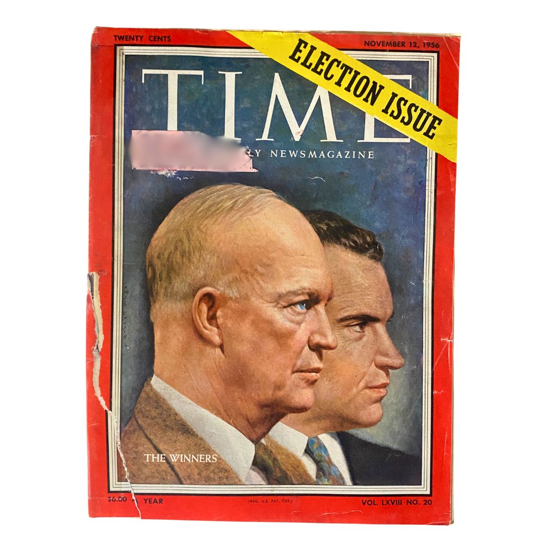 Vintage Time Magazine cover from November 12, 1956 featuring Dwight D. Eisenhower and Richard Nixon, marked as an Election Issue.