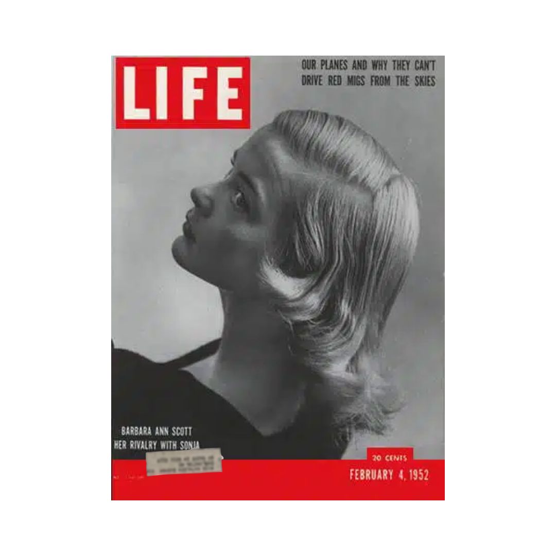 Cover of VTG Life Magazine February 4, 1952 featuring Barbara Ann Scott, showcasing her elegant profile and hairstyle, highlighting her rivalry with Sonia in figure skating.