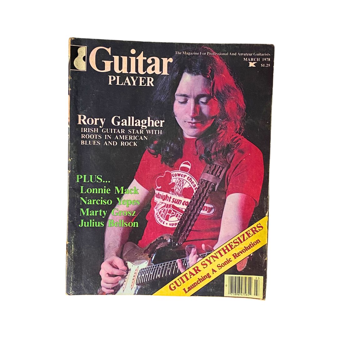 Vintage Guitar Player Magazine from March 1978, Vol 12 No. 3 featuring Rory Gallagher, an influential Irish guitar star known for his roots in American blues and rock, showcasing vibrant cover art and key articles.