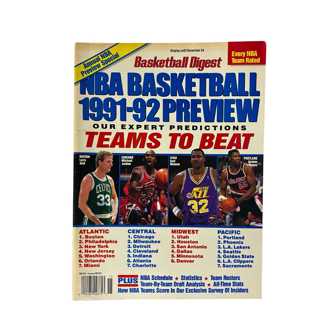 Cover of Basketball Digest Magazine 1991-92 Preview featuring predictions for NBA teams, showcasing stars like Michael Jordan and Larry Bird, perfect for basketball enthusiasts.