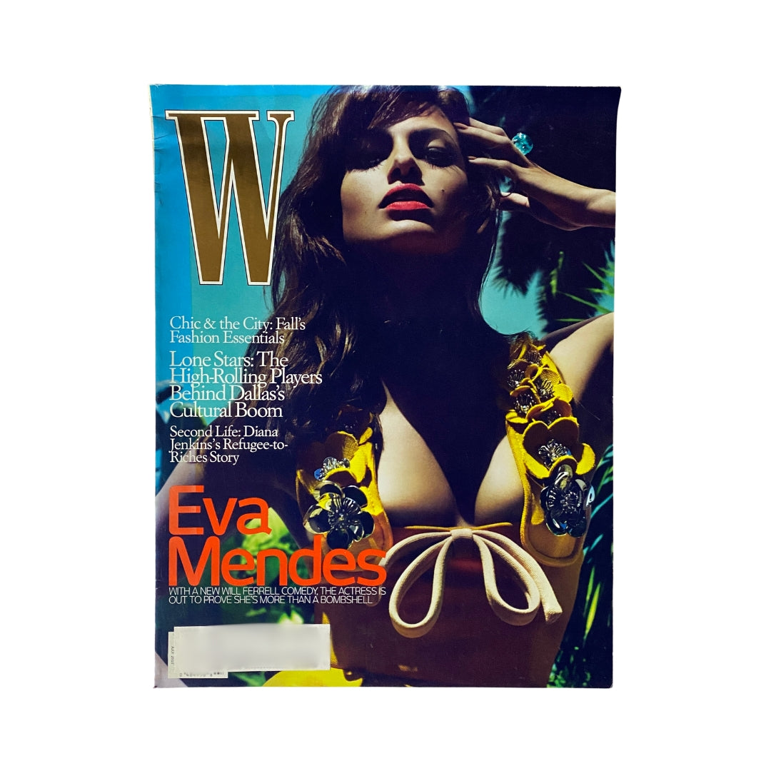 W Magazine July 2010 cover featuring actress Eva Mendes in a striking pose, showcasing vintage fashion and Hollywood allure.