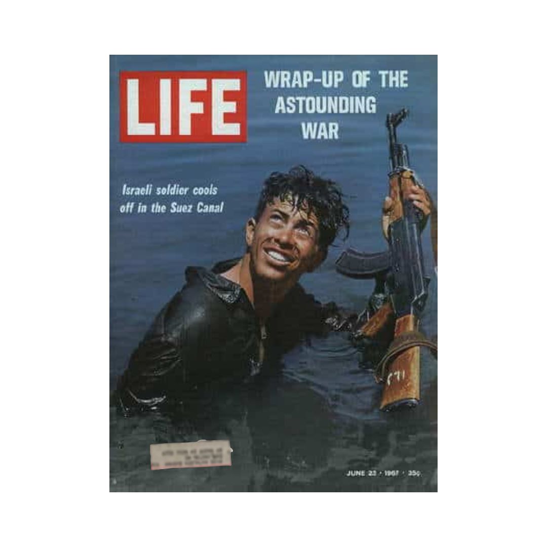 VTG Life Magazine June 23, 1967 cover featuring an Israeli soldier cooling off in the Suez Canal, highlighting the wrap-up of the Astounding Israel – Egypt War.