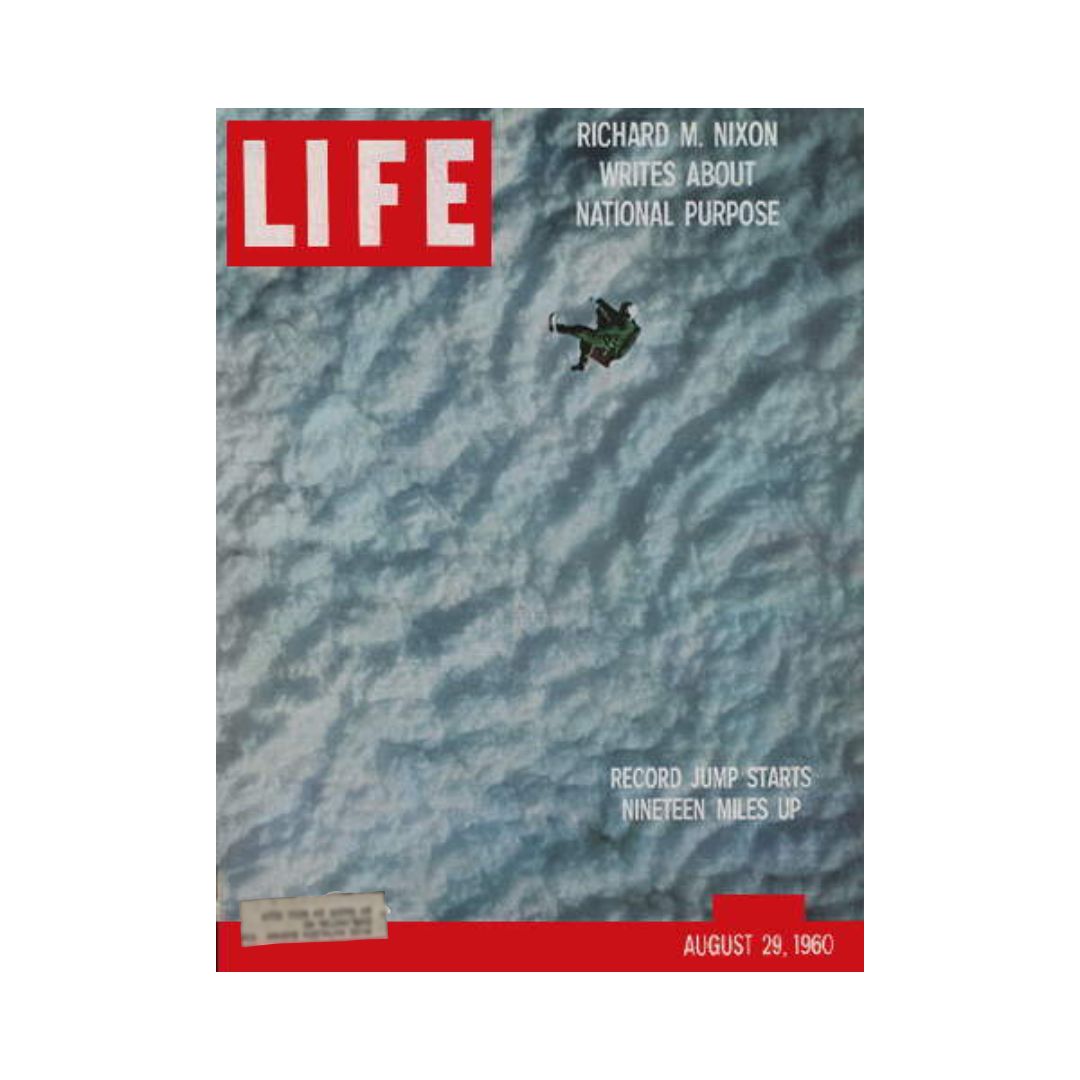 Life Magazine August 29, 1960 cover featuring U.S. Air Force Record Free-fall Parachutist, showcasing a historical moment in aviation and parachuting.