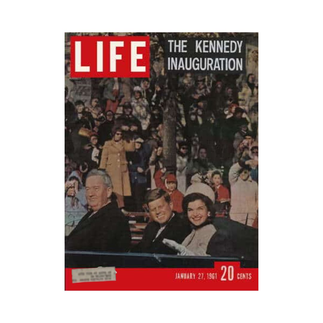 Cover of VTG Life Magazine from January 27, 1961 featuring President John F. Kennedy's inauguration, showcasing a vibrant crowd and iconic figures, capturing a historic moment in U.S. political history.