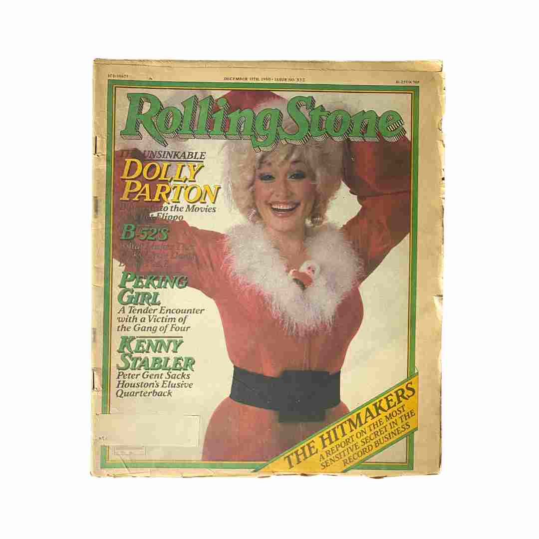 Vintage Rolling Stone Magazine December 11, 1980 featuring a cover image of Dolly Parton in festive attire, showcasing the iconic artist's influence on music and film.