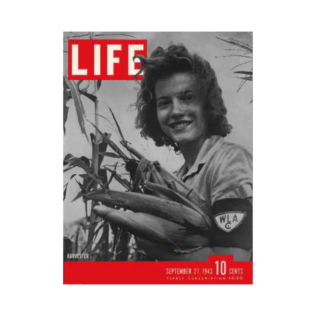 Vintage Life Magazine cover from September 27, 1943 featuring Land Army Harvester Shirley Armstrong, highlighting women's roles during World War II.