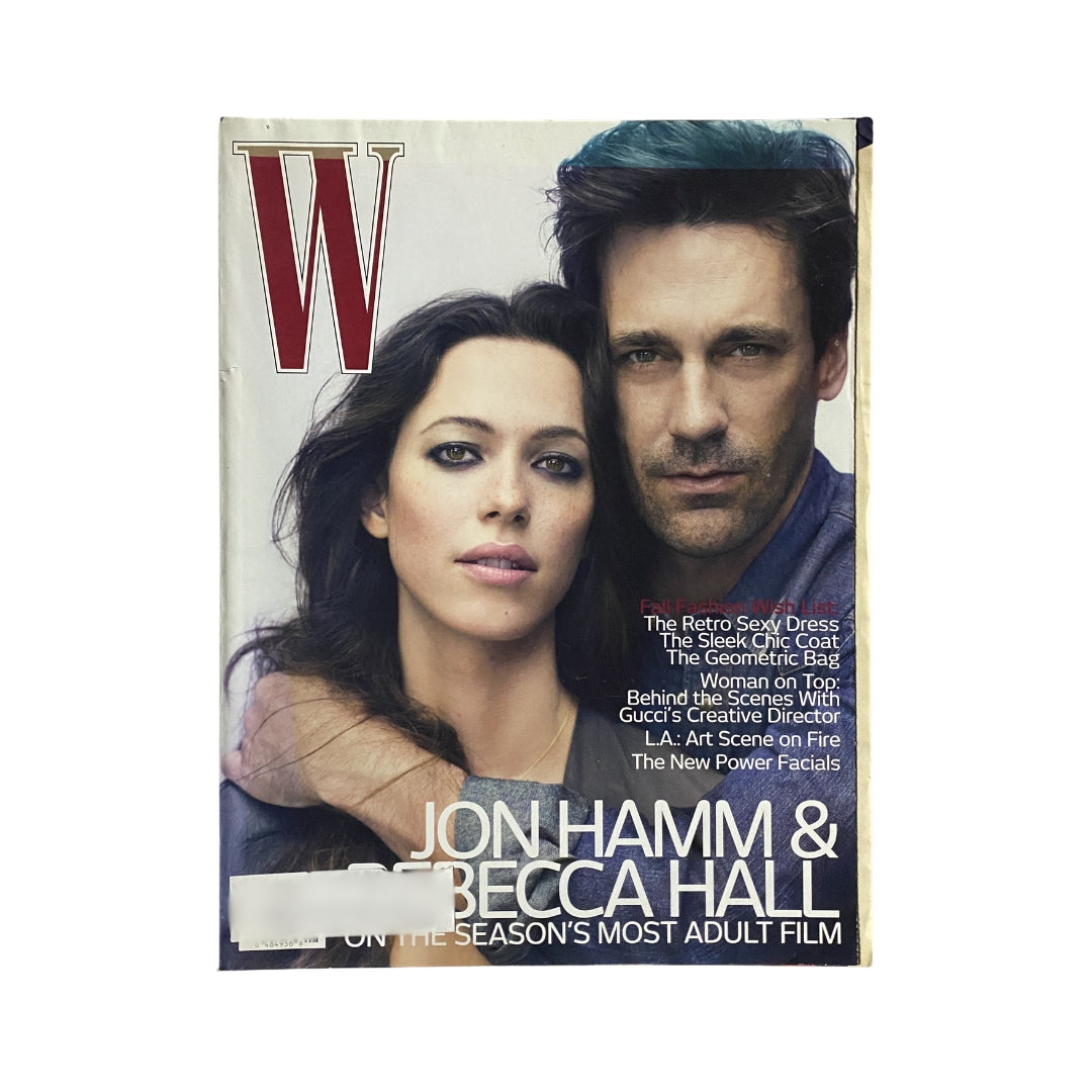 W Magazine August 2010 cover featuring Jon Hamm and Rebecca Hall, showcasing fashion and celebrity culture, a stylish depiction of vintage elegance.