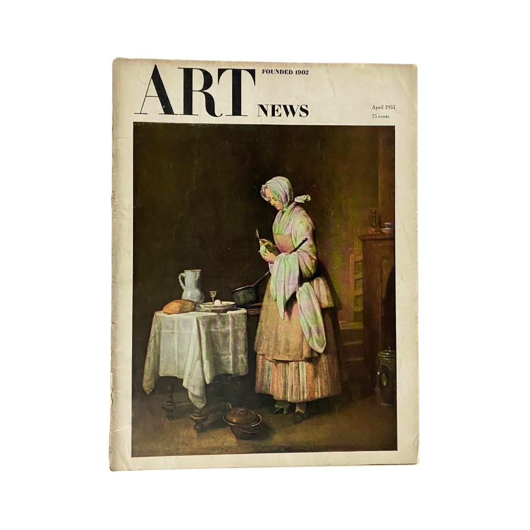 Cover of Art News Magazine from April 1951 featuring the artwork 'The Attentive Nurse' by Jean Siméon Chardin, showcasing a woman in historical attire engaged in a domestic scene.