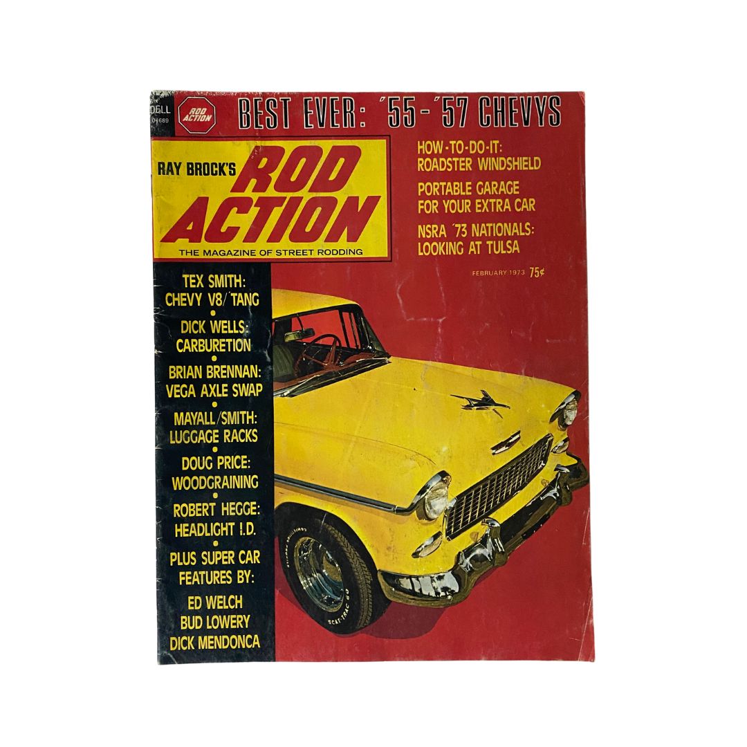 Cover of VTG Rod Action Magazine from February 1973 featuring Brian Brennan's article on Vega Axle Swap, showcasing a classic yellow car with the title prominently displayed.