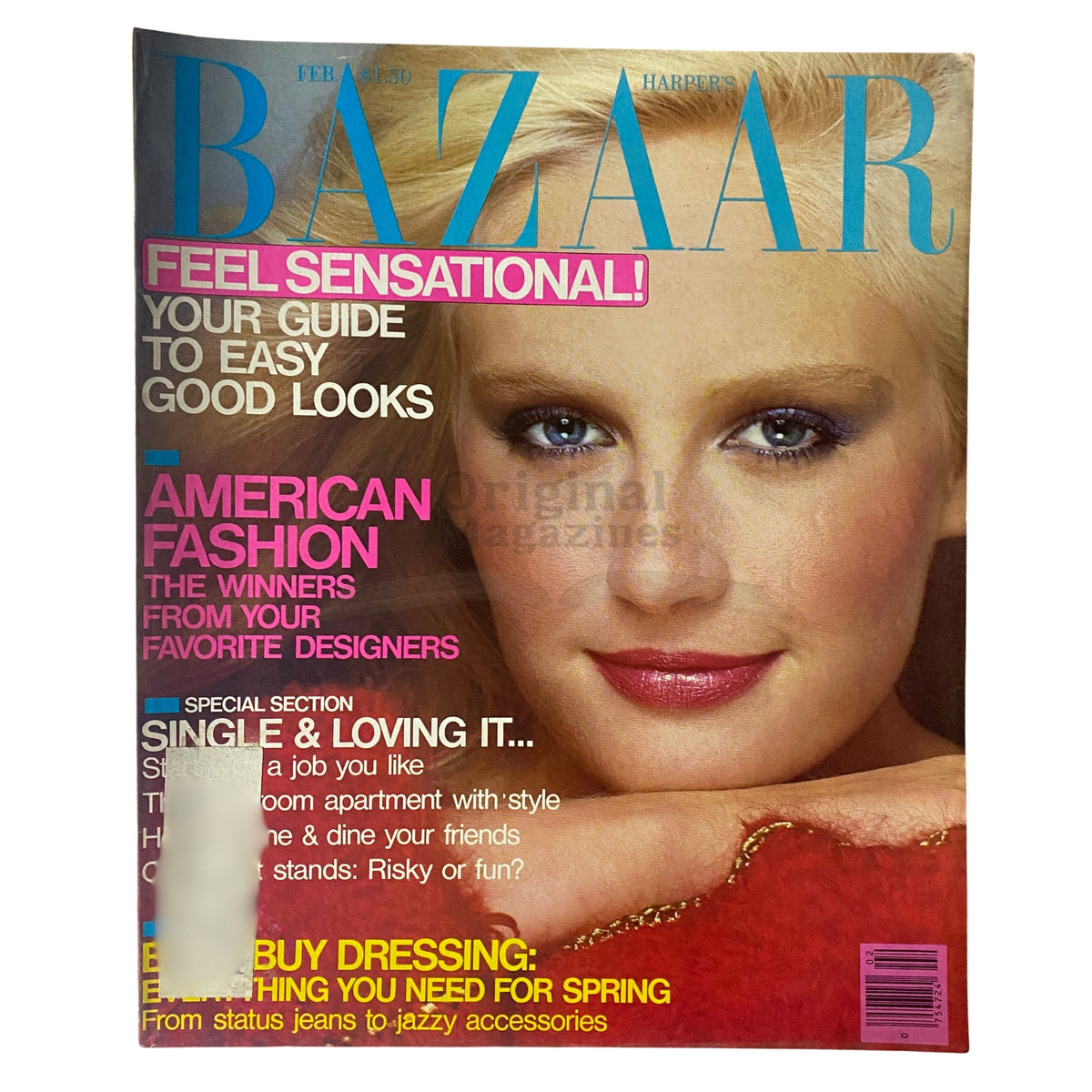 Cover of Harper's Bazaar Magazine February 1980 featuring the Bitten Knudsen cover, showcasing bold text including 'Feel Sensational!' and 'American Fashion.' The cover presents a striking close-up of a model with glamorous makeup.
