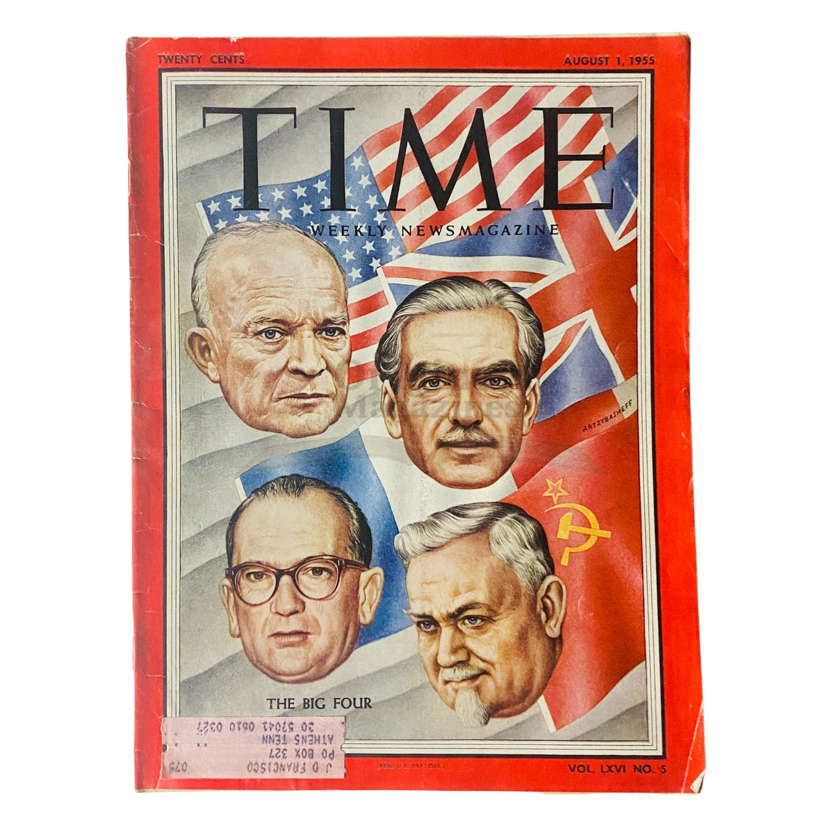 Vintage Time Magazine cover featuring Dwight Eisenhower and Anthony Eden, August 1, 1955, Vol 66 No. 5, showcasing prominent political figures against a backdrop of flags representing the U.S. and U.K.